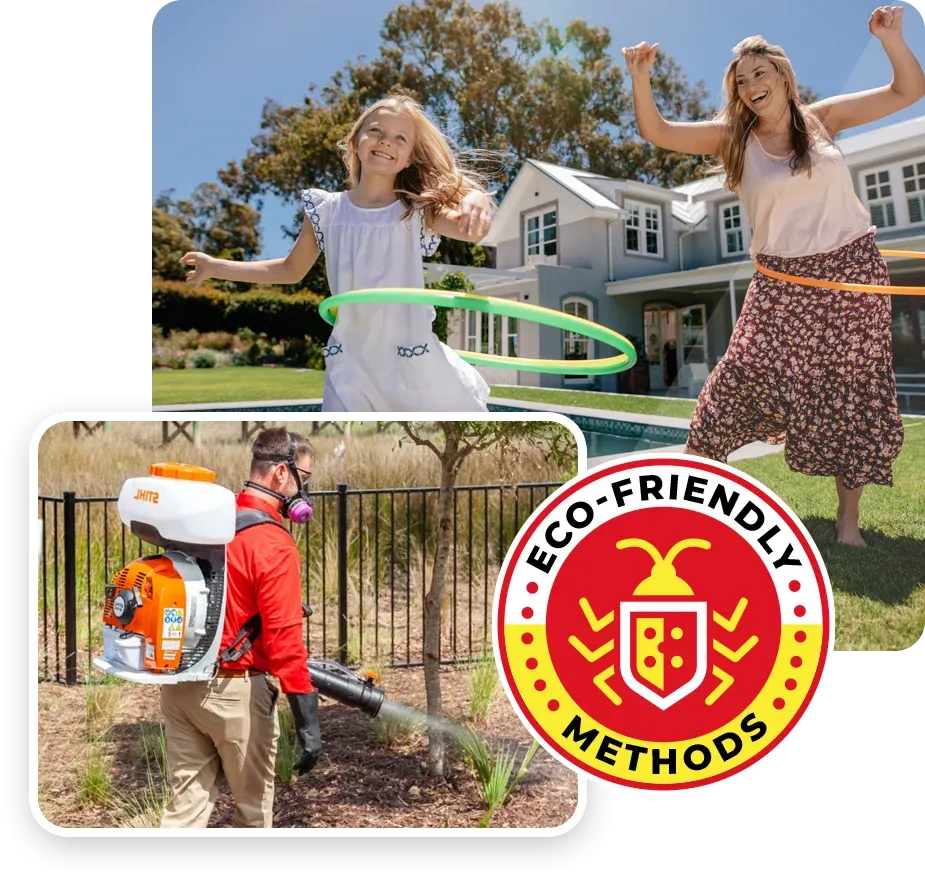 mosquito control, family playing outside, technician spraying for mosquitoes