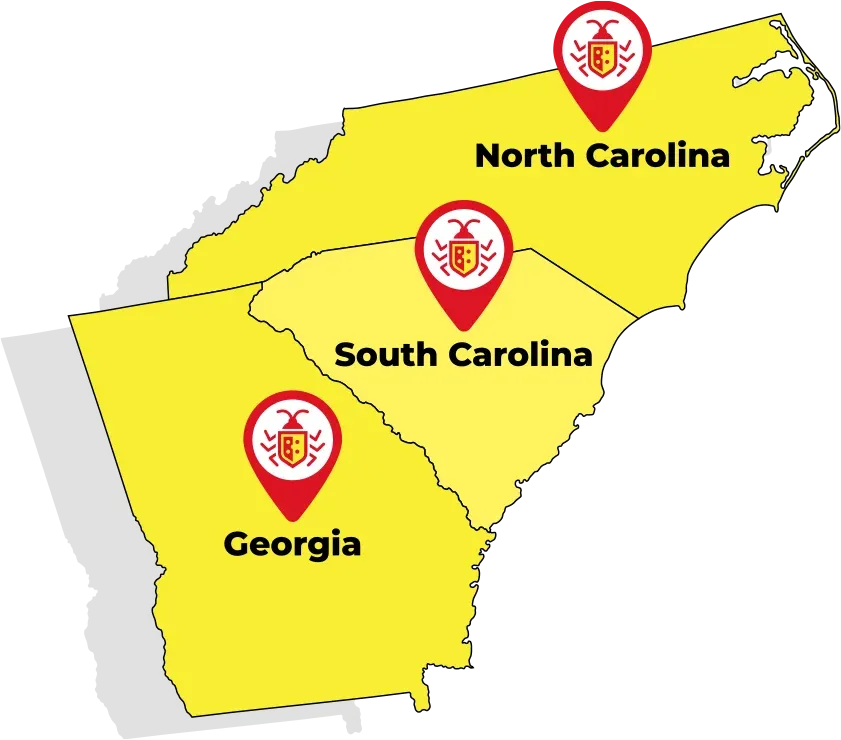 Palmetto Exterminators Service Area Map Georgia, South Carolina, North Carolina