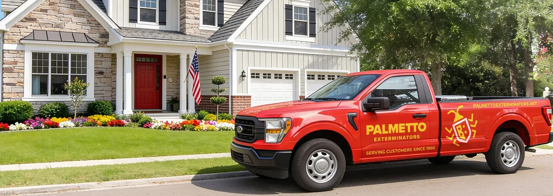 Palmetto Exterminators truck in front of a house